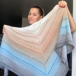 Hand knitted gradient shawl in light blue