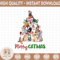 Christmas Tree With Santa Hat Cats Sublimation Design, Watercolor Santa Hat Cat Image Pack
