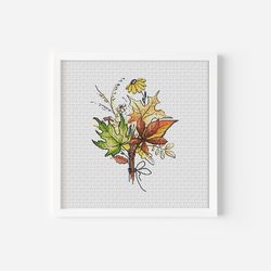 Fall Cross Stitch Pattern PDF, Flower Bouquet Counted Cross Stitch, Autumn Leaves Embroidery Leaf Hand Embroidery Design