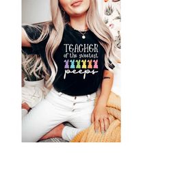 comfort colors teacher of the sweetest peeps shirt, funny teacher easter tee, easter rainbow with bunny ears tee, easter