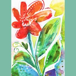 Watercolor one red flower painting sketching art print. Sketch red wildflowers printable instant download