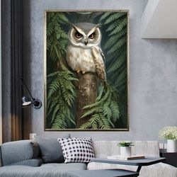forest canvas poster with owl, great gray owl flying print, wall art with green spruce tree owl, decor owl poster,-1
