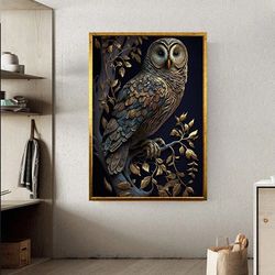 forest canvas poster with owl, great gray owl flying print, wall art with green spruce tree owl, decor owl poster,