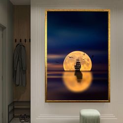 sunset and full moon canvas print, home and office decoration, sailing ship canvas print, ship canvas print, ready to ha