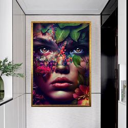 woman with canvas print,blue canvas print, bird wall hanging ,room decor,ready to hang canvas print