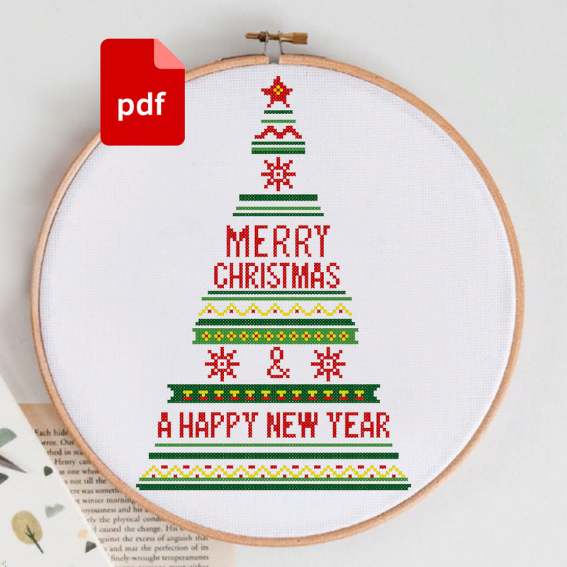 Christmas tree cross stitch pattern, Merry Christmas Lettering cross stitch pattern Happy new year cross stitch chart.jpg