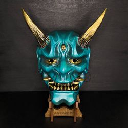 Turquoise Japanese Oni Mask: Gold and Teal, Wearable Japanese Hannya mask, Teal Samurai mask