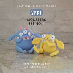 Monsters SET No. 3 PDF. Cute Toy Sewing Patterns and DIY Tutorial. Instant Download. Digital Pattern.