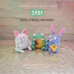 Dog, Frog and Bunny: A Set of 3 Cute PDF Patterns for Sewing and DIY Projects. Instant Download Digital Patterns.