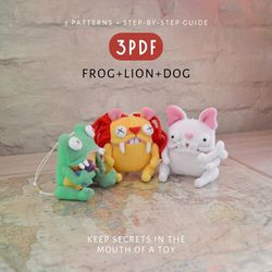 Frog, Lion, and Dog: A Set of 3 PDFs with Cute Sewing Patterns and DIY Tutorials. Digital Patterns.