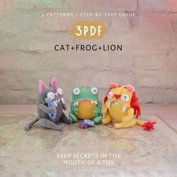 Cat, Frog and Lion: A Set of 3 PDFs with Cute Sewing Patterns and DIY Tutorials. Instant Download! Digital Patterns.