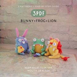 Bunny, Frog and Lion: A Set of 3 Cute Sewing Patterns and DIY Tutorial in PDF Format. Digital Pattern for Easy Sewing.