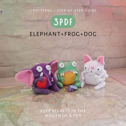 Elephant, Frog and Dog - A set of 3 cute PDF sewing patterns and DIY tutorial. Instant download. Digital patterns.