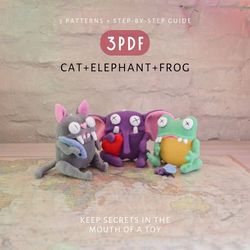 Cat, elephant, and frog – three PDFs with sewing patterns and step-by-step instructions for making your own stuff.