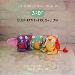 Elephant, Frog and Lion: A Set of 3 Cute Sewing Patterns and Tutorials in PDF Format - Digital Patterns.