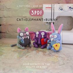 Cat, Elephant, and Bunny: 3 Cute Sewing Patterns and DIY Tutorials in PDF! Instantly Download.