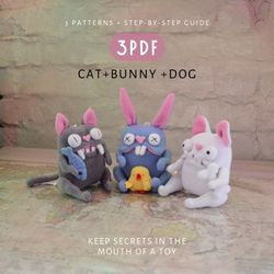 Cat, Bunny and Dog - A set of 3 digital patterns for sewing cute toys and DIY tutorials.