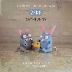 Cat and Bunny: A set of two PDF files with adorable toy sewing patterns and a do-it-yourself tutorial. Digital pattern.