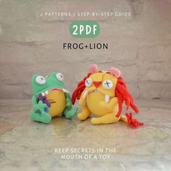 Frog and Lion, set of 2 pdfs. Cute toys sewing patterns and diy tutorial. Instant download. Digital patterns.