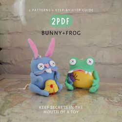 Bunny and Frog, set of 2 in PDF format. Cute toys sewing patterns and DIY tutorial. Instant download. Digital pattern.