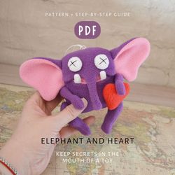 Elephant and heart. A cute toy sewing pattern in PDF format with a DIY tutorial. Instant download. Digital pattern.