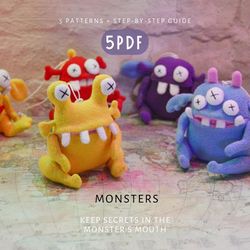 A creepy and cute set of sewing pattern PDFs featuring 5 different monster designs and a tutorial on how to make them.