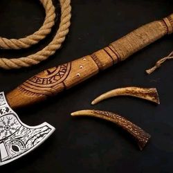 custom gift forged carbon steel viking axe with rose wood shaft, viking bearded camping axe, best birthday&anniversary g