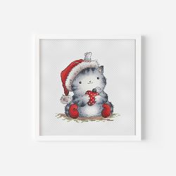 Cat Cross Stitch Pattern PDF, Nursery Counted Cross Stitch, Christmas Kitten Hand Embroidery, Funny Home Gift, Cute New