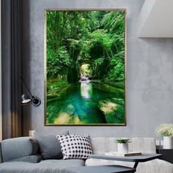 mountain river in green forest art print for wall on canvas, waterfall art for wall, forest painting artwork, green tree