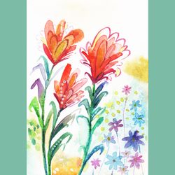 Watercolor floral painting sketch art printable. Watercolor wild flowers sketching art print wall decor