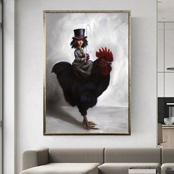 Black Chicken Canvas Print,Modern Black Rooster Photo Wall Art Print,Minimalist Still Life Chicken Wall Poster,Ready To