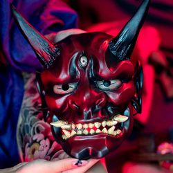 Japanese Red Oni Mask, Samurai mask, Wall hannya mask, Japanese demon mask wearable