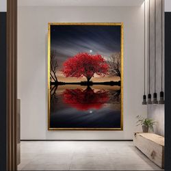 Red Flower Tree Canvas Wall Art, Tree Canvas Home Decor, Landscape Wall Decor, Seascape Canvas Print, Ready-To-Hang Canv