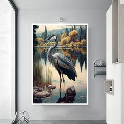 white heron canvas wall art, modern lake house decor, nautical art print, waterfowl print, beach house wall art, coastal