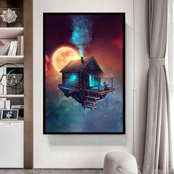 wooden house in the sky canvas wall art, abstract nature wall art, kids room decor, city in the clouds, wall art, ready-