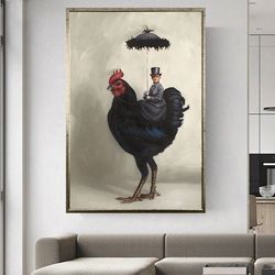 Black Chicken And Man Canvas Print, Black Rooster Photo Wall Art Print, Minimalist Still Life Chicken Wall Poster,Ready