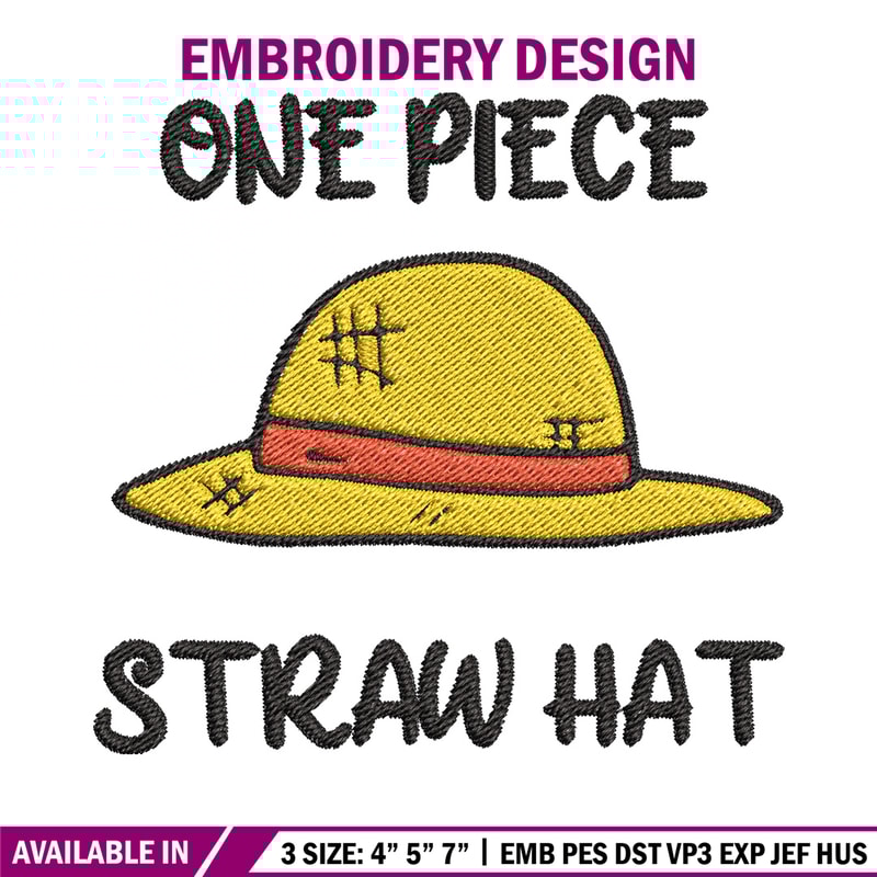 Luffy hat embroidery design, One piece embroidery, Anime design, Embroidery file, Embroidery shirt, Digital download.jpg