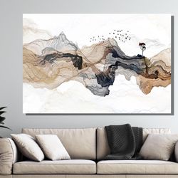 Japanese Landscape Painting of Abstract Mountain Canvas Wall Art, Abstract Mountain Poster Art,Distant Mountains,Japan P