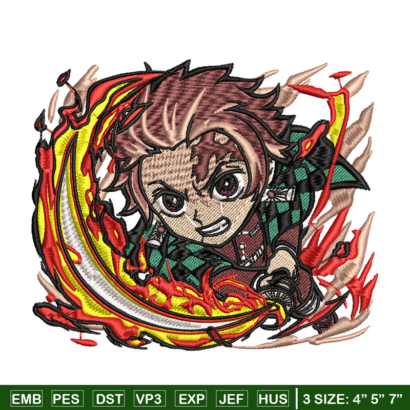 Tanjiro fire breathing chibi embroidery design, Kimetsu no Yaiba embroidery, anime design, logo shirt, Digital download.jpg