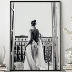 women in white dress, window view, wall art, poster print, wall decor, art prints, fashion, elegance, feminine beauty, s