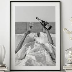 woman drinking wine in bed poster print, feminist poster, black and white, alcohol wall art, bar cart print,girl room de
