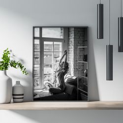 woman girl relaxing by the window morning sunshine - black and white photography - interior decorative poster print wall
