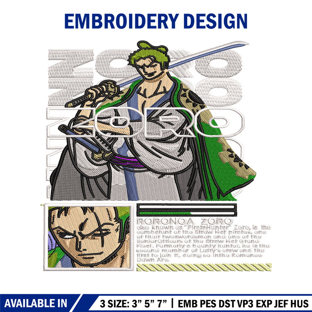 Roronoa Zoro embroidery design, One Piece embroidery, logo design, anime design, anime shirt, Digital download.jpg