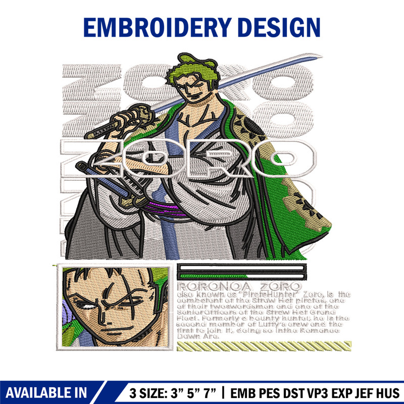 Roronoa Zoro embroidery design, One Piece embroidery, logo design, anime design, anime shirt, Digital download.jpg