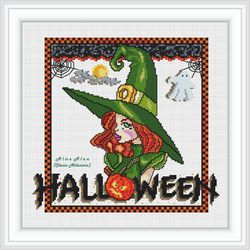 Cross stitch pattern portrait Witch hat pumpkin ghost gossamer web Halloween holiday sorceress counted crossstitch PDF
