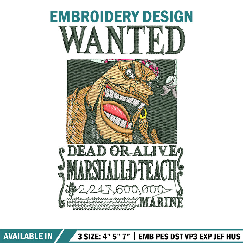 Teach bounty embroidery design, One piece embroidery, Anime design, Embroidery shirt, Embroidery file, Digital download.jpg