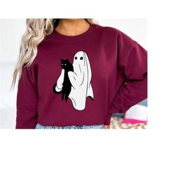 Ghost holding Black Cat Halloween Sweatshirt, Halloween gift for Cats Owner Hoodie, funny Halloween Gift Shirt ,Hallowee