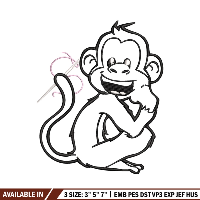 Monkey black white embroidery design, Monkey embroidery, Embroidery file, Embroidery shirt, Emb design, Digital download.jpg