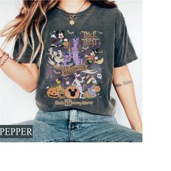 retro disney halloween 2023 trick or treat comfort colors tee, walt disney world magic kingdom, matching halloween party