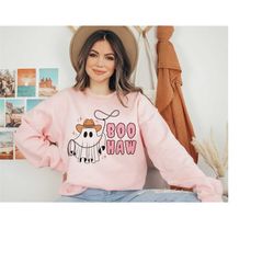boo haw western halloween crewneck sweatshirt, halloween shirt, spooky season sweatshirt, cute ghost halloween sweater,